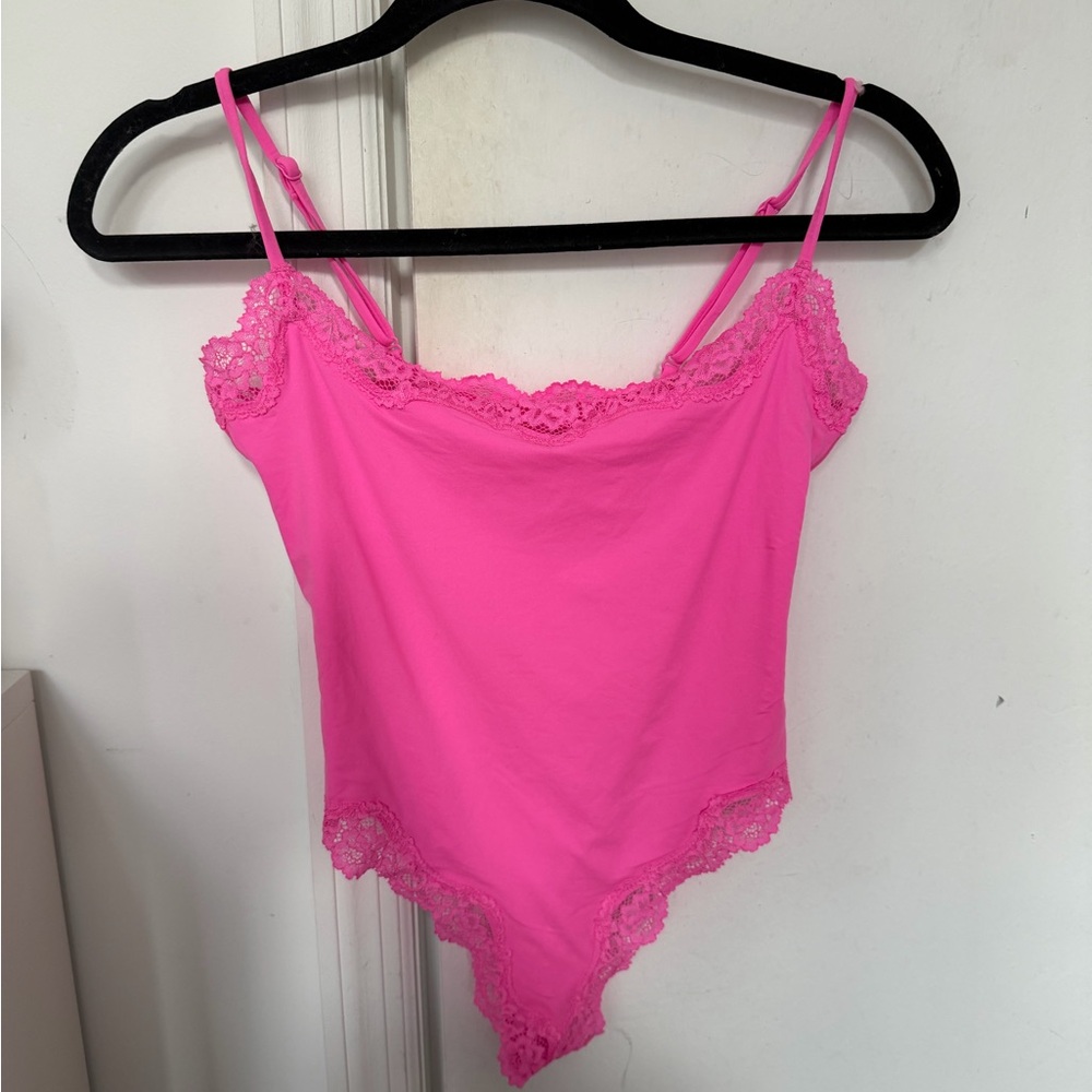 SKIMS Bright Pink Lace Bodysuit